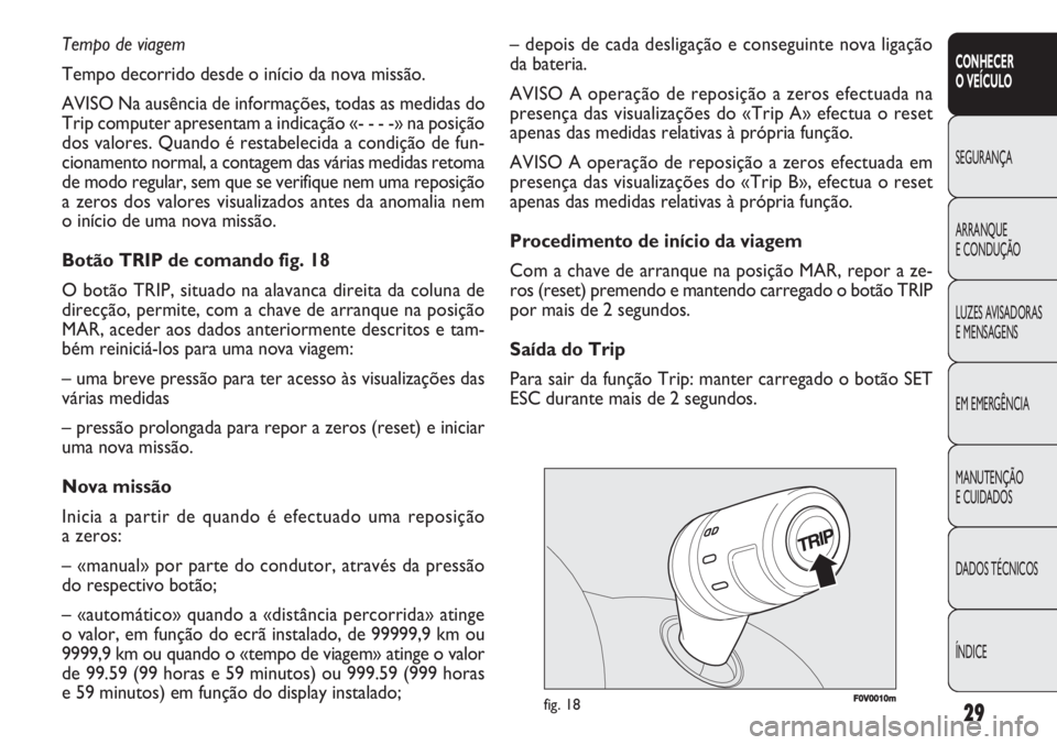 FIAT DOBLO COMBI 2011  Manual de Uso e Manutenção (in Portuguese) 29
CONHECER
O VEÍCULO
SEGURANÇA
ARRANQUE
E CONDUÇÃO
LUZES AVISADORAS 
E MENSAGENS
EM EMERGÊNCIA
MANUTENÇÃO 
E CUIDADOS
DADOS TÉCNICOS
ÍNDICE
F0V0010mfig. 18
– depois de cada desligação e 