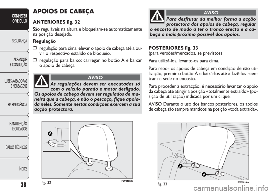 FIAT DOBLO COMBI 2011 Manual de Uso e Manutenção (in Portuguese) 38
CONHECER
O VEÍCULO
SEGURANÇA
ARRANQUE
E CONDUÇÃO
LUZES AVISADORAS
E MENSAGENS
EM EMERGÊNCIA
MANUTENÇÃO
E CUIDADOS
DADOS TÉCNICOS
ÍNDICE
POSTERIORES fig. 33
(para versões/mercados, se pr FIAT DOBLO COMBI 2011 Manual de Uso e Manutenção (in Portuguese) 38
CONHECER
O VEÍCULO
SEGURANÇA
ARRANQUE
E CONDUÇÃO
LUZES AVISADORAS
E MENSAGENS
EM EMERGÊNCIA
MANUTENÇÃO
E CUIDADOS
DADOS TÉCNICOS
ÍNDICE
POSTERIORES fig. 33
(para versões/mercados, se pr