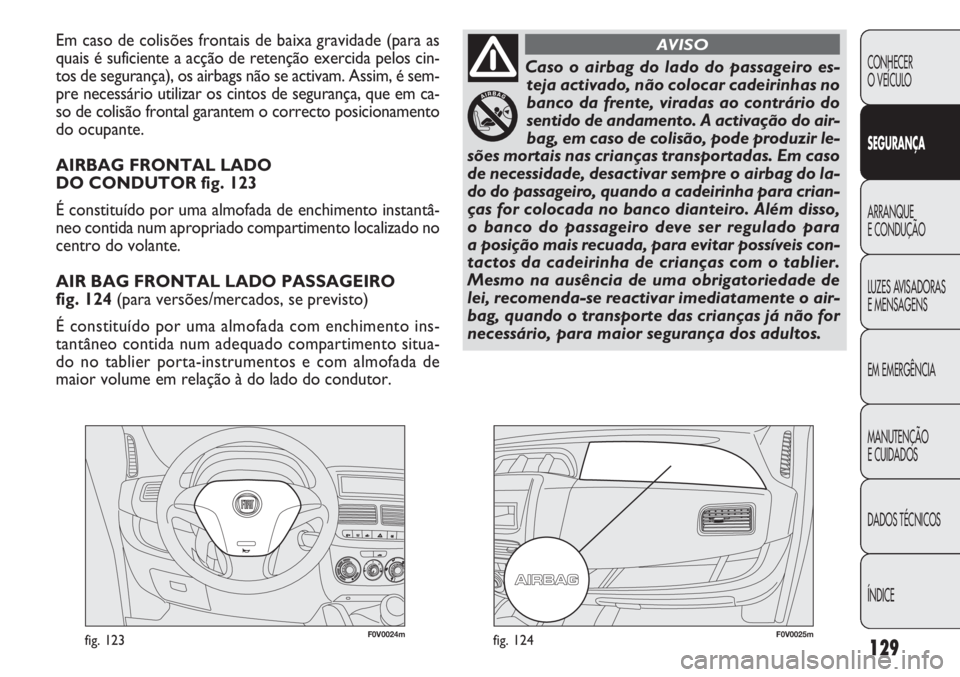 FIAT DOBLO COMBI 2013  Manual de Uso e Manutenção (in Portuguese) F0V0024mfig. 123F0V0025mfig. 124
Em caso de colisões frontais de baixa gravidade (para as
quais é suficiente a acção de retenção exercida pelos cin\
-
tos de segurança), os airbags não se acti