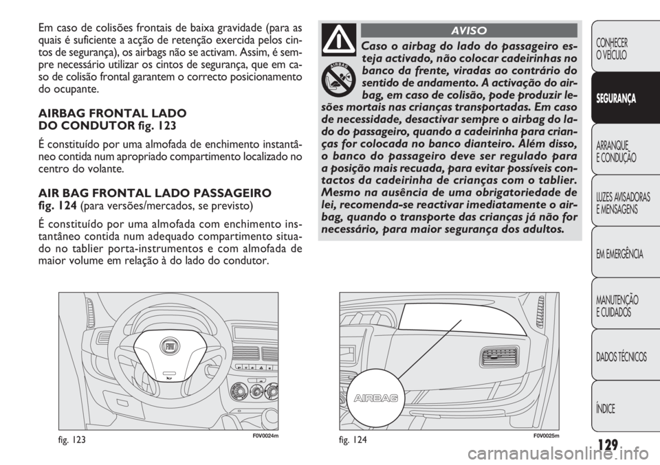 FIAT DOBLO COMBI 2012 Manual de Uso e Manutenção (in Portuguese) F0V0024mfig. 123F0V0025mfig. 124
Em caso de colisões frontais de baixa gravidade (para as
quais é suficiente a acção de retenção exercida pelos cin\
-
tos de segurança), os airbags não se acti FIAT DOBLO COMBI 2012 Manual de Uso e Manutenção (in Portuguese) F0V0024mfig. 123F0V0025mfig. 124
Em caso de colisões frontais de baixa gravidade (para as
quais é suficiente a acção de retenção exercida pelos cin\
-
tos de segurança), os airbags não se acti
