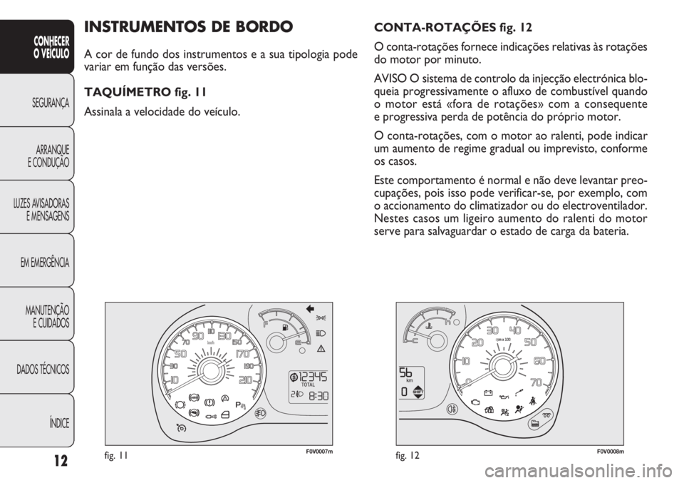 FIAT DOBLO COMBI 2014  Manual de Uso e Manutenção (in Portuguese) 12
CONHECER
O VEÍCULO
SEGURANÇA ARRANQUE
E

CONDUÇÃO
LUZES AVISADORAS E MENSAGENS
EM EMERGÊNCIA
MANUTENÇÃO E CUIDADOS
DADOS TÉCNICOS
ÍNDICE
F0V0007mfig. 11F0V0008mfig. 12
CONTA-ROTAÇÕES fig