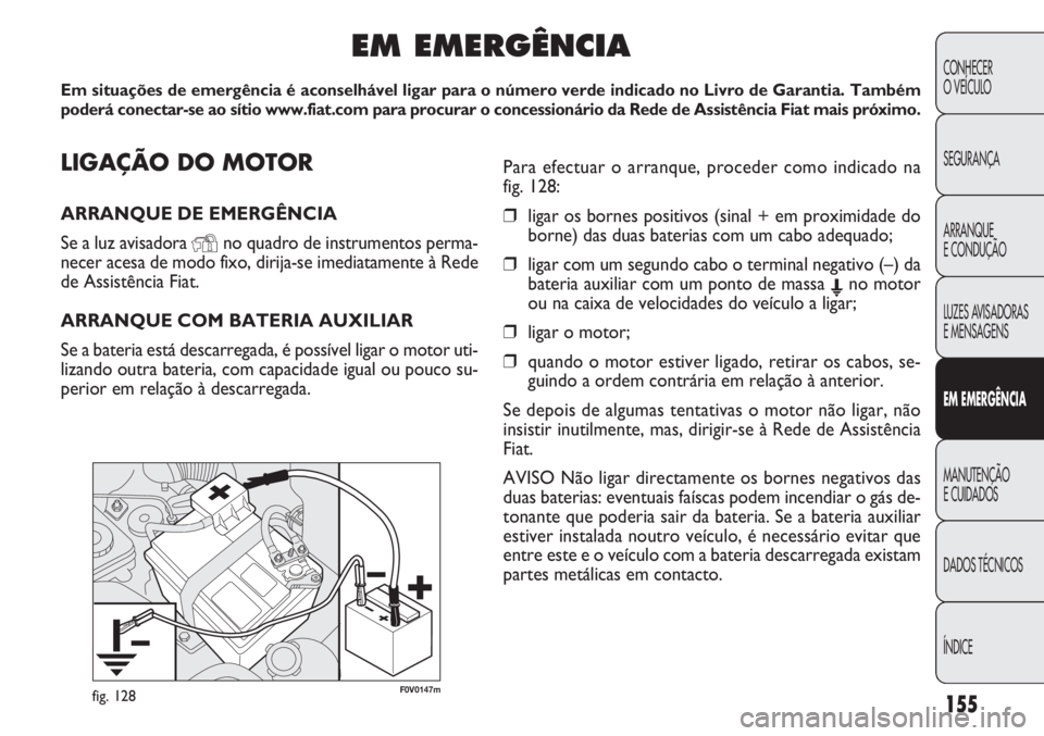 FIAT DOBLO COMBI 2014  Manual de Uso e Manutenção (in Portuguese) F0V0147mfig. 128155
CONHECER
O VEÍCULO
SEGURANÇA
ARRANQUE
E CONDUÇÃO
LUZES AVISADORAS 
E MENSAGENS
EM  EM ER GÊN CIA
MANUTENÇÃO
E CUIDADOS
DADOS TÉCNICOS
ÍNDICE
LIGAÇÃO DO MOTOR
ARRANQUE DE
