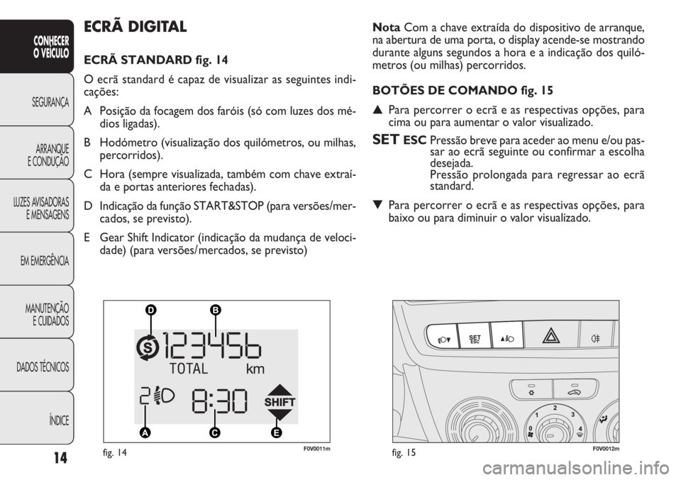 FIAT DOBLO COMBI 2013  Manual de Uso e Manutenção (in Portuguese) 14
CONHECER
O VEÍCULO
SEGURANÇA ARRANQUE
E

CONDUÇÃO
LUZES AVISADORAS E MENSAGENS
EM EMERGÊNCIA
MANUTENÇÃO E CUIDADOS
DADOS TÉCNICOS
ÍNDICE
ECRÃ DIGITAL
ECRÃ STANDARD fig. 14
O ecrã standa