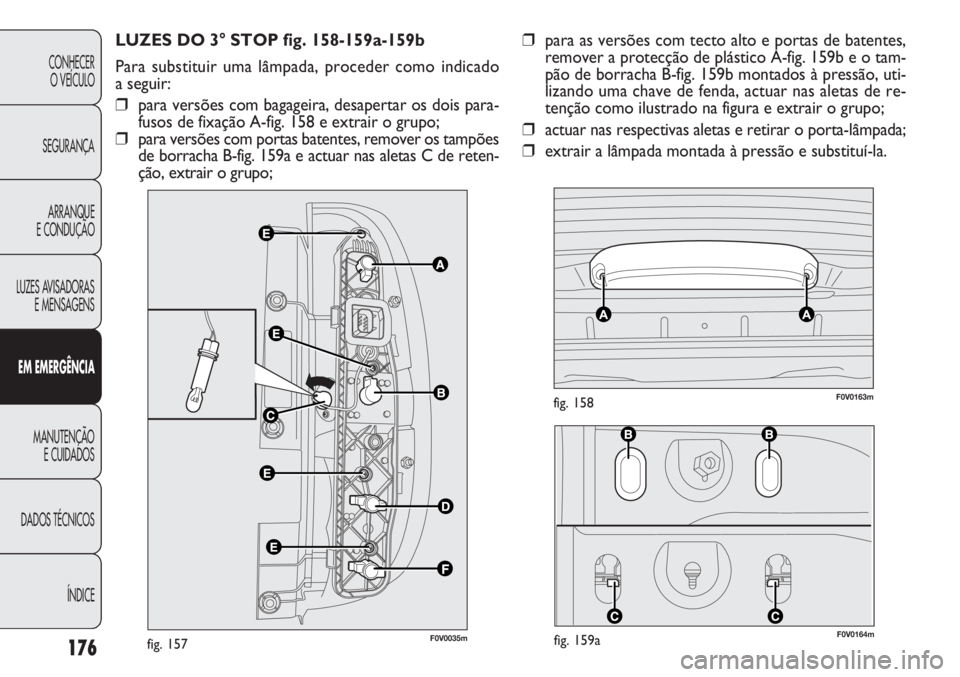 FIAT DOBLO COMBI 2014 Manual de Uso e Manutenção (in Portuguese) F0V0164mfig. 159a
F0V0163mfig. 158
176
CONHECERO VEÍCULO
SEGURANÇA ARRANQUE
E CONDUÇÃO
LUZES AVISADORAS E MENSAGENS
E M EM ER GÊN CIA
MANUTENÇÃO E CUIDADOS
DADOS TÉCNICOS
ÍNDICE
LUZES DO 3° FIAT DOBLO COMBI 2014 Manual de Uso e Manutenção (in Portuguese) F0V0164mfig. 159a
F0V0163mfig. 158
176
CONHECERO VEÍCULO
SEGURANÇA ARRANQUE
E CONDUÇÃO
LUZES AVISADORAS E MENSAGENS
E M EM ER GÊN CIA
MANUTENÇÃO E CUIDADOS
DADOS TÉCNICOS
ÍNDICE
LUZES DO 3°