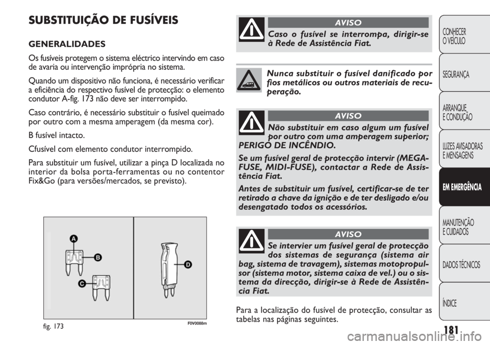 FIAT DOBLO COMBI 2014 Manual de Uso e Manutenção (in Portuguese) F0V0088mfig. 173
SUBSTITUIÇÃO DE FUSÍVEIS
GENERALIDADES
Os fusíveis protegem o sistema eléctrico intervindo em caso
de avaria ou intervenção imprópria no sistema.
Quando um dispositivo não f FIAT DOBLO COMBI 2014 Manual de Uso e Manutenção (in Portuguese) F0V0088mfig. 173
SUBSTITUIÇÃO DE FUSÍVEIS
GENERALIDADES
Os fusíveis protegem o sistema eléctrico intervindo em caso
de avaria ou intervenção imprópria no sistema.
Quando um dispositivo não f