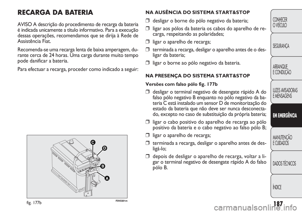 FIAT DOBLO COMBI 2014  Manual de Uso e Manutenção (in Portuguese) 187
CONHECER
O VEÍCULO
SEGURANÇA
ARRANQUE
E CONDUÇÃO
LUZES AVISADORAS 
E MENSAGENS
EM  EM ER GÊN CIA
MANUTENÇÃO
E CUIDADOS
DADOS TÉCNICOS
ÍNDICE
RECARGA DA BAT ERIA
AVISO A descrição do pro