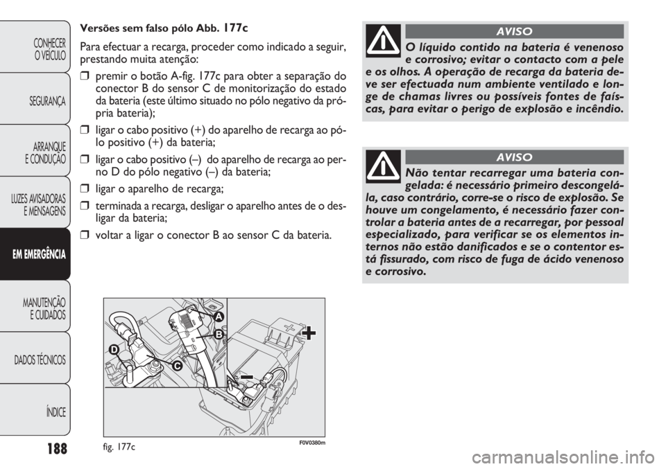 FIAT DOBLO COMBI 2014 Manual de Uso e Manutenção (in Portuguese) 188
CONHECERO VEÍCULO
SEGURANÇA ARRANQUE
E CONDUÇÃO
LUZES AVISADORAS E MENSAGENS
E M EM ER GÊN CIA
MANUTENÇÃO E CUIDADOS
DADOS TÉCNICOS
ÍNDICEO líquido contido na bateria é venenoso
e cor FIAT DOBLO COMBI 2014 Manual de Uso e Manutenção (in Portuguese) 188
CONHECERO VEÍCULO
SEGURANÇA ARRANQUE
E CONDUÇÃO
LUZES AVISADORAS E MENSAGENS
E M EM ER GÊN CIA
MANUTENÇÃO E CUIDADOS
DADOS TÉCNICOS
ÍNDICEO líquido contido na bateria é venenoso
e cor