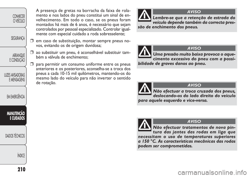 FIAT DOBLO COMBI 2014 Manual de Uso e Manutenção (in Portuguese) A presença de gretas na borracha da faixa de rola-
mento e nos lados do pneu constitui um sinal de en-
velhecimento. Em todo o caso, se os pneus foram
montados há mais de 6 anos, é necessário que FIAT DOBLO COMBI 2014 Manual de Uso e Manutenção (in Portuguese) A presença de gretas na borracha da faixa de rola-
mento e nos lados do pneu constitui um sinal de en-
velhecimento. Em todo o caso, se os pneus foram
montados há mais de 6 anos, é necessário que