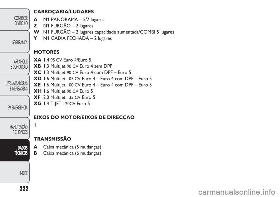 FIAT DOBLO COMBI 2014 Manual de Uso e Manutenção (in Portuguese) CARROÇARIA/LUGARES
AM1 PANORAMA – 5/7 lugares
Z N1 FURGÃO – 2 lugares
W N1 FURGÃO – 2 lugares capacidade aumentada/COMBI 5 lugares
Y N1 CAIXA FECHADA – 2 lugares
MOTORES
XA 1.4
95 CVEuro 4 FIAT DOBLO COMBI 2014 Manual de Uso e Manutenção (in Portuguese) CARROÇARIA/LUGARES
AM1 PANORAMA – 5/7 lugares
Z N1 FURGÃO – 2 lugares
W N1 FURGÃO – 2 lugares capacidade aumentada/COMBI 5 lugares
Y N1 CAIXA FECHADA – 2 lugares
MOTORES
XA 1.4
95 CVEuro 4