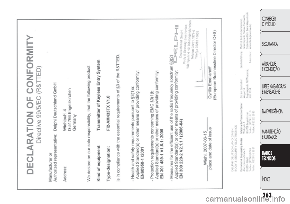 FIAT DOBLO COMBI 2014 Manual de Uso e Manutenção (in Portuguese) 263
CONHECER
O VEÍCULO
SEGURANÇA
ARRANQUE
E CONDUÇÃO
LUZES AVISADORAS
E MENSAGENS
EM EMERGÊNCIA
MANUTENÇÃO
E CUIDADOS
DA DOS
T ÉCNICOS
ÍNDICE FIAT DOBLO COMBI 2014 Manual de Uso e Manutenção (in Portuguese) 263
CONHECER
O VEÍCULO
SEGURANÇA
ARRANQUE
E CONDUÇÃO
LUZES AVISADORAS
E MENSAGENS
EM EMERGÊNCIA
MANUTENÇÃO
E CUIDADOS
DA DOS
T ÉCNICOS
ÍNDICE