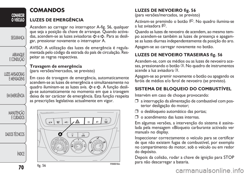 FIAT DOBLO COMBI 2014  Manual de Uso e Manutenção (in Portuguese) 70
CONHECER
O  VEÍC ULO
SEGURANÇA ARRANQUE
E CONDUÇÃO
LUZES A

VISADORAS
E MENSAGENS
EM EMERGÊNCIA
MANUTENÇÃO E CUIDADOS
DADOS TÉCNICOS
ÍNDICE
F0V0019mfig. 56
LUZES DE NEVOEIRO fig. 56
(para 