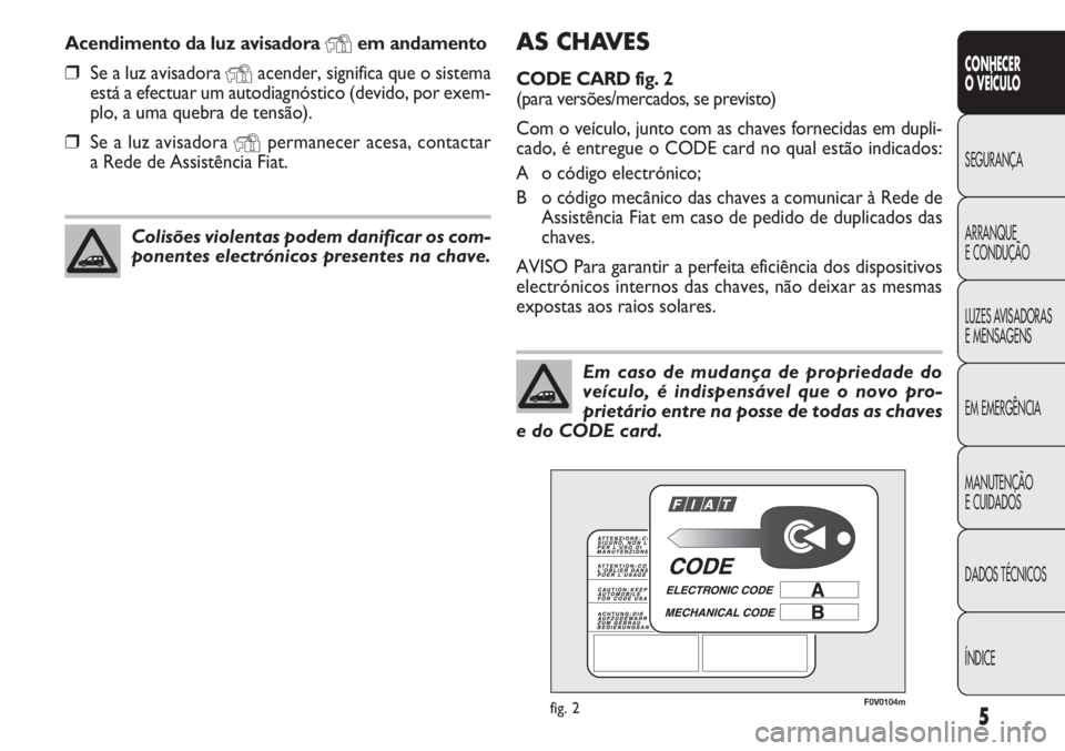 FIAT DOBLO COMBI 2012 Manual de Uso e Manutenção (in Portuguese) 5
CONHECER
OVEÍCULO
SEGURANÇA
ARRANQUE
E
CONDUÇÃO
LUZES AVISADORAS
E MENSAGENS
EM EMERGÊNCIA
MANUTENÇÃO
E CUIDADOS
DADOS TÉCNICOS
ÍNDICE
AS CHAVES
CODE CARD fig. 2
(para versões/mercados, se FIAT DOBLO COMBI 2012 Manual de Uso e Manutenção (in Portuguese) 5
CONHECER
OVEÍCULO
SEGURANÇA
ARRANQUE
E
CONDUÇÃO
LUZES AVISADORAS
E MENSAGENS
EM EMERGÊNCIA
MANUTENÇÃO
E CUIDADOS
DADOS TÉCNICOS
ÍNDICE
AS CHAVES
CODE CARD fig. 2
(para versões/mercados, se