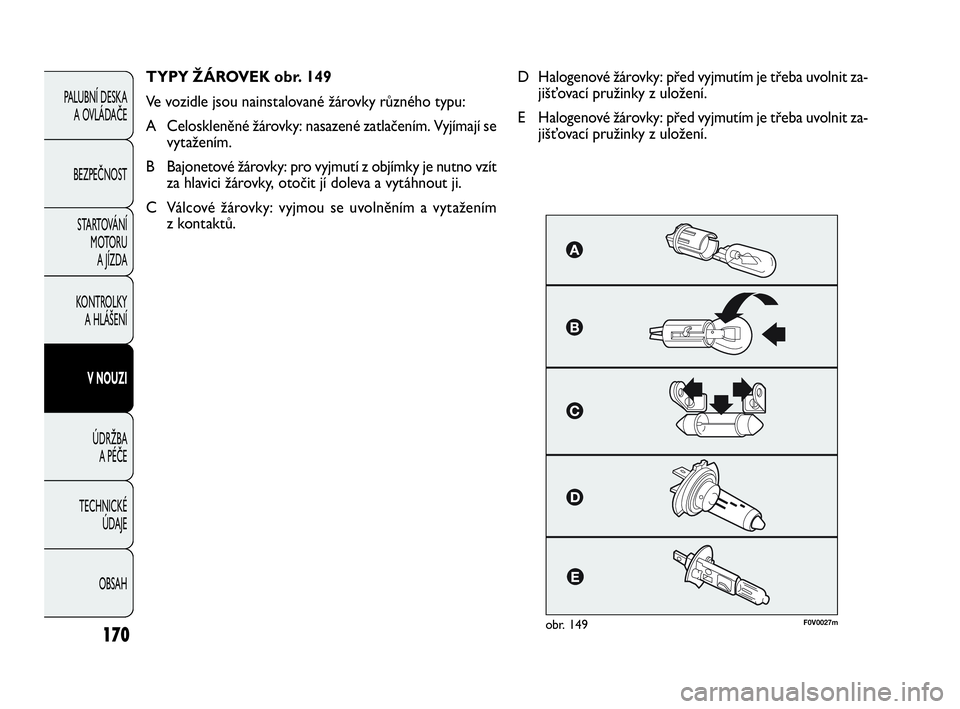 FIAT DOBLO COMBI 2010  Návod k použití a údržbě (in Czech) F0V0027mobr. 149
TYPY ŽÁROVEK obr. 149
Ve vozidle jsou nainstalované žárovky různého typu:
A Celoskleněné žárovky: nasazené zatlačením. Vyjímají se
vytažením.
B Bajonetové žárovky