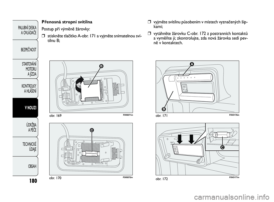 FIAT DOBLO COMBI 2010  Návod k použití a údržbě (in Czech) F0V0072mobr. 170


F0V0176mobr. 171
❒vyjměte svítilnu působením v místech vyznačených šip-
kami;
❒vytáhněte žárovku C-obr. 172 z postranních kontaktů
a vyměňte ji; zkontrolujte