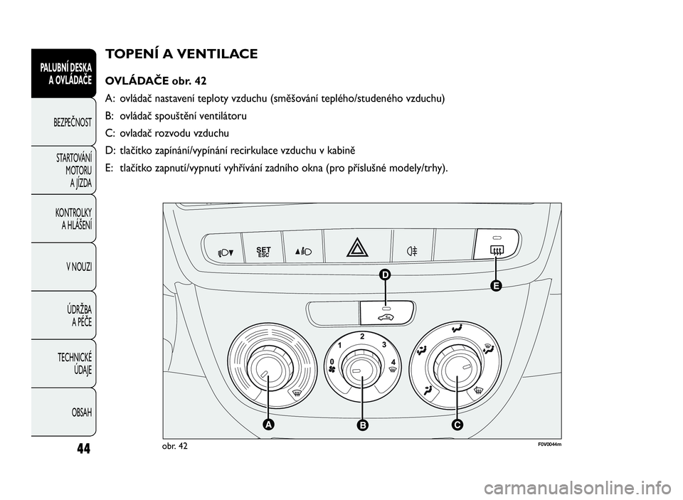 FIAT DOBLO COMBI 2009  Návod k použití a údržbě (in Czech) TOPENÍ A VENTILACE
OVLÁDAČE obr. 42
A: ovládač nastavení teploty vzduchu (směšování teplého/studeného vzduchu)
B: ovládač spouštění ventilátoru
C: ovladač rozvodu vzduchu
D: tlačí