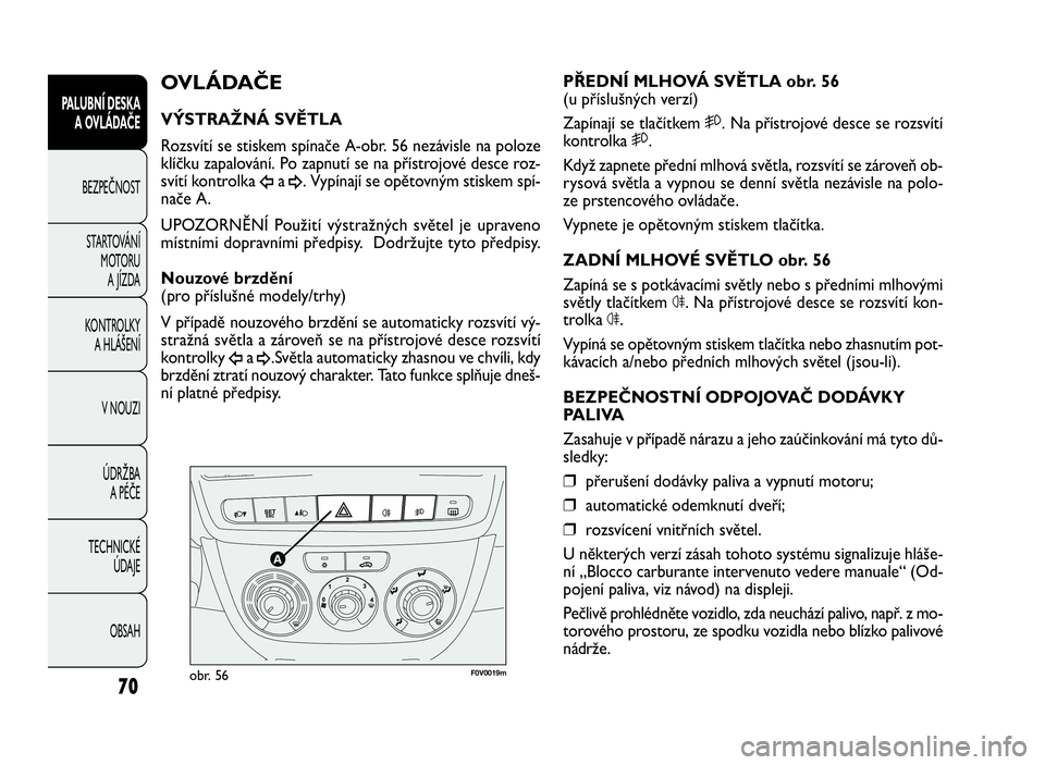 FIAT DOBLO COMBI 2010  Návod k použití a údržbě (in Czech) 70
PALUBNÍ DESKA
A OVLÁDAČE
BEZPEČNOST
STARTOVÁNÍ
MOTORU
A JÍZDA
KONTROLKY
A HLÁŠENÍ
V NOUZI
ÚDRŽBA
APÉČE
TECHNICKÉ
ÚDAJE
OBSAH
F0V0019mobr. 56
PŘEDNÍ MLHOVÁ SVĚTLA obr. 56
(u př�