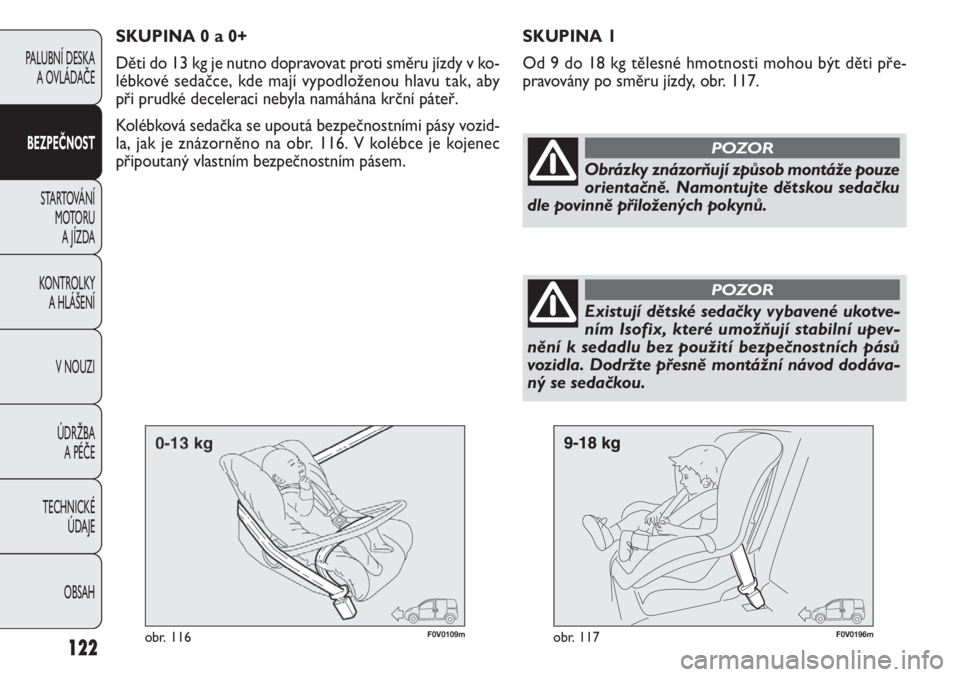 FIAT DOBLO COMBI 2011  Návod k použití a údržbě (in Czech) F0V0109mobr. 116F0V0196mobr. 117
SKUPINA 1
Od 9 do 18 kg tělesné hmotnosti mohou být děti pře-
pravovány po směru jízdy, obr. 117.
122
PALUBNÍ DESKA 
A OVLÁDAČE
BEZPEČNOST
STARTOVÁNÍ 
M 