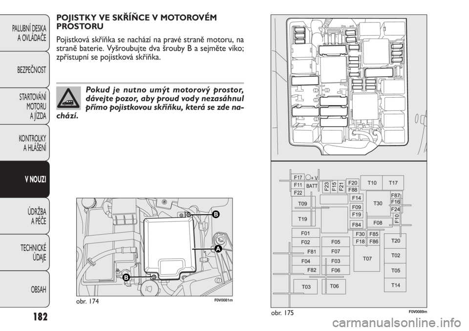 FIAT DOBLO COMBI 2012  Návod k použití a údržbě (in Czech) F0V0081mobr. 174
F0V0089mobr. 175
POJISTKY VE SKŘÍŇCE V MOTOROVÉM
PROSTORU 
Pojistková skříňka se nachází na pravé straně motoru, na
straně baterie. Vyšroubujte dva šrouby B a sejměte 