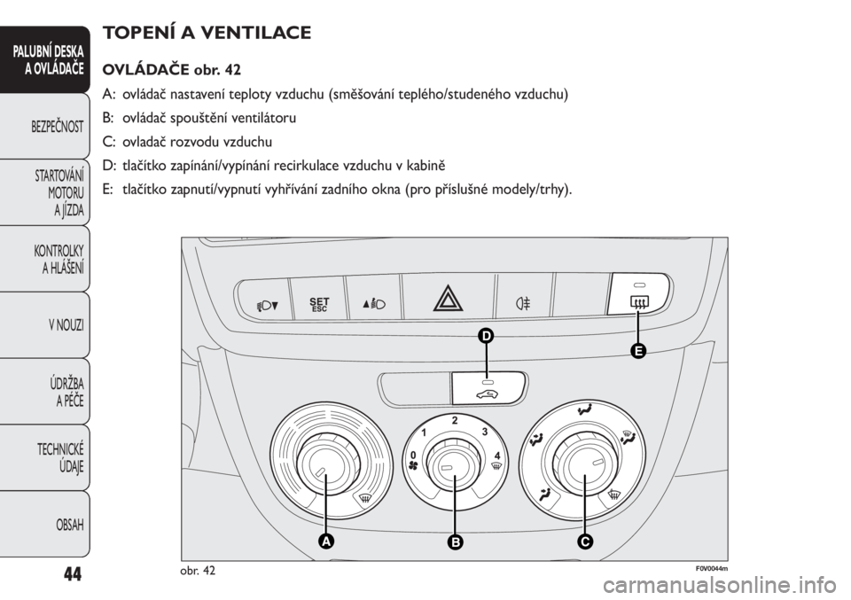 FIAT DOBLO COMBI 2012  Návod k použití a údržbě (in Czech) TOPENÍ A VENTILACE 
OVLÁDAČE obr. 42
A: ovládač nastavení teploty vzduchu (směšování teplého/studeného vzduchu)
B: ovládač spouštění ventilátoru
C: ovladač rozvodu vzduchu
D: tlač