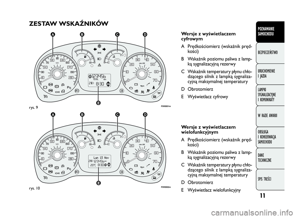 FIAT DOBLO COMBI 2009  Instrukcja obsługi (in Polish) 11
POZNAWANIE
SAMOCHODU
BEZPIECZEŃSTWO
URUCHOMIENIE
IJAZDA
LAMPKI
SYGNALIZACYJNE
I KOMUNIKATY
W RAZIE AWARII
OBSŁUGA
I KONSERWACJA
SAMOCHODU
DANE
TECHNICZNE
SPIS TREŚCI
ZESTAW WSKAŹNIKÓW
Wersje z