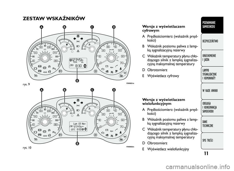 FIAT DOBLO COMBI 2009 Instrukcja obsługi (in Polish) 11
POZNAWANIE
SAMOCHODU
BEZPIECZEŃSTWO
URUCHOMIENIE
IJAZDA
LAMPKI
SYGNALIZACYJNE
I KOMUNIKATY
W RAZIE AWARII
OBSŁUGA
I KONSERWACJA
SAMOCHODU
DANE
TECHNICZNE
SPIS TREŚCI
ZESTAW WSKAŹNIKÓW
Wersje z FIAT DOBLO COMBI 2009 Instrukcja obsługi (in Polish) 11
POZNAWANIE
SAMOCHODU
BEZPIECZEŃSTWO
URUCHOMIENIE
IJAZDA
LAMPKI
SYGNALIZACYJNE
I KOMUNIKATY
W RAZIE AWARII
OBSŁUGA
I KONSERWACJA
SAMOCHODU
DANE
TECHNICZNE
SPIS TREŚCI
ZESTAW WSKAŹNIKÓW
Wersje z