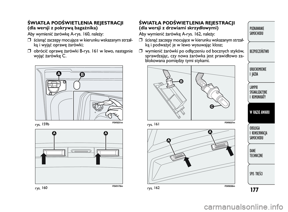 FIAT DOBLO COMBI 2010 Instrukcja obsługi (in Polish) 177
ŚWIATŁA PODŚWIETLENIA REJESTRACJI
(dla wersji z drzwiami skrzydłowymi)
Aby wymienić żarówkę A-rys. 162, należy:
❒ścisnąć zaczepy mocujące w kierunku wskazanym strzał-
ką i podważ FIAT DOBLO COMBI 2010 Instrukcja obsługi (in Polish) 177
ŚWIATŁA PODŚWIETLENIA REJESTRACJI
(dla wersji z drzwiami skrzydłowymi)
Aby wymienić żarówkę A-rys. 162, należy:
❒ścisnąć zaczepy mocujące w kierunku wskazanym strzał-
ką i podważ