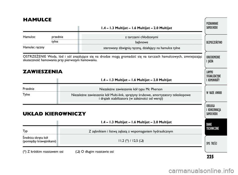 FIAT DOBLO COMBI 2010 Instrukcja obsługi (in Polish) 225
POZNAWANIE
SAMOCHODU
BEZPIECZEŃSTWO
URUCHOMIENIE
I JAZDA
LAMPKI
SYGNALIZACYJNE
I KOMUNIKATY
W RAZIE AWARII
OBSŁUGA
I KONSERWACJA
SAMOCHODU
DANE
TECHNICZNE
SPIS TREŚCI
Z zębnikiem i list FIAT DOBLO COMBI 2010 Instrukcja obsługi (in Polish) 225
POZNAWANIE
SAMOCHODU
BEZPIECZEŃSTWO
URUCHOMIENIE
I JAZDA
LAMPKI
SYGNALIZACYJNE
I KOMUNIKATY
W RAZIE AWARII
OBSŁUGA
I KONSERWACJA
SAMOCHODU
DANE
TECHNICZNE
SPIS TREŚCI
Z zębnikiem i list