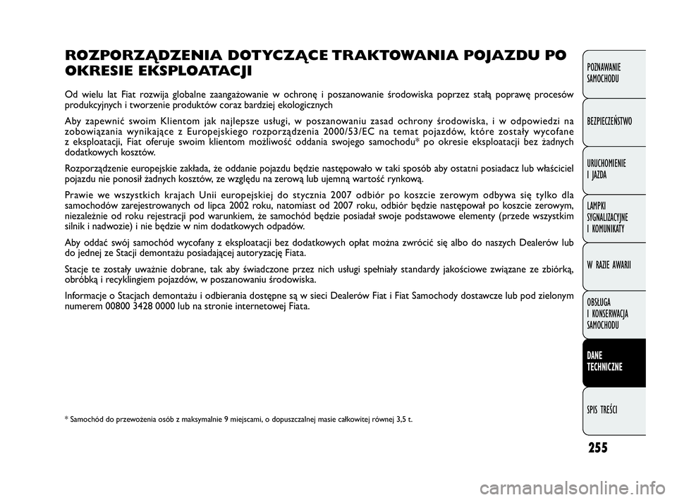 FIAT DOBLO COMBI 2010 Instrukcja obsługi (in Polish) 255
ROZPORZĄDZENIA DOTYCZĄCE TRAKTOWANIA POJAZDU PO
OKRESIE EKSPLOATACJI
Od wielu lat Fiat rozwija globalne zaangażowanie w ochronę i poszanowanie środowiska poprzez stałą poprawę procesów
pr FIAT DOBLO COMBI 2010 Instrukcja obsługi (in Polish) 255
ROZPORZĄDZENIA DOTYCZĄCE TRAKTOWANIA POJAZDU PO
OKRESIE EKSPLOATACJI
Od wielu lat Fiat rozwija globalne zaangażowanie w ochronę i poszanowanie środowiska poprzez stałą poprawę procesów
pr