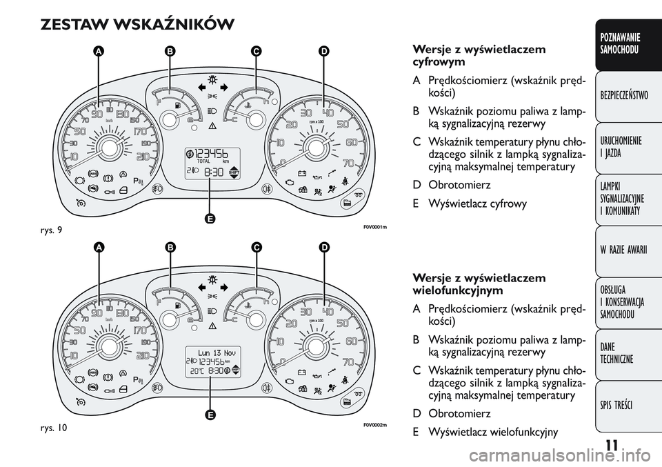 FIAT DOBLO COMBI 2011 Instrukcja obsługi (in Polish) 11
POZNAWANIE
SAMOCHODU
BEZPIECZEŃSTWO
URUCHOMIENIE
IJAZDA
LAMPKI
SYGNALIZACYJNE
I KOMUNIKATY
W RAZIE AWARII
OBSŁUGA
I KONSERWACJA
SAMOCHODU
DANE
TECHNICZNE
SPIS TREŚCI
ZESTAW WSKAŹNIKÓW
Wersje z FIAT DOBLO COMBI 2011 Instrukcja obsługi (in Polish) 11
POZNAWANIE
SAMOCHODU
BEZPIECZEŃSTWO
URUCHOMIENIE
IJAZDA
LAMPKI
SYGNALIZACYJNE
I KOMUNIKATY
W RAZIE AWARII
OBSŁUGA
I KONSERWACJA
SAMOCHODU
DANE
TECHNICZNE
SPIS TREŚCI
ZESTAW WSKAŹNIKÓW
Wersje z