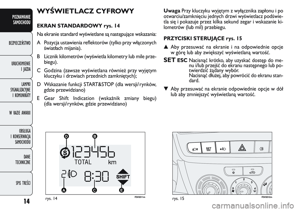 FIAT DOBLO COMBI 2011  Instrukcja obsługi (in Polish) 14
POZNAWANIESAMOCHODU
BEZPIECZEŃSTWO
URUCHOMIENIE IJAZDA
LAMPKI
SYGNALIZACYJNE I KOMUNIKATY
W RAZIE AWARII
OBSŁUGA
I KONSERWACJA SAMOCHODU
DANE
TECHNICZNE
SPIS TREŚCI
WYŚWIETLACZ CYFROWY
EKRAN ST