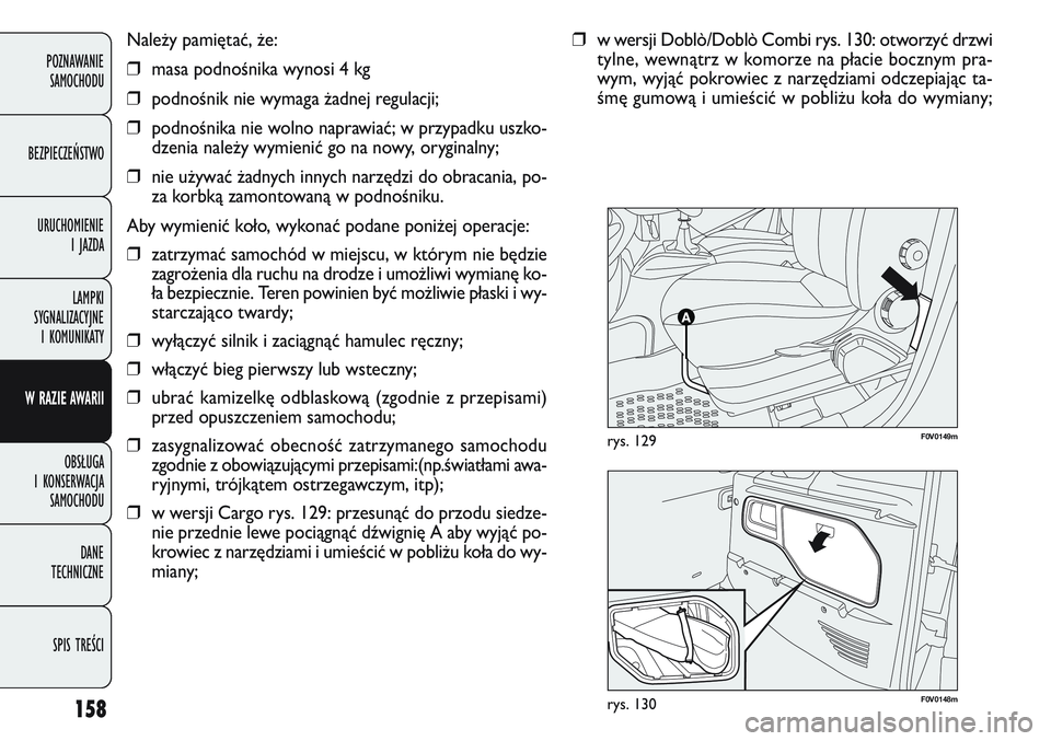 FIAT DOBLO COMBI 2011 Instrukcja obsługi (in Polish) F0V0148mrys. 130
F0V0149mrys. 129
158
Nale\by pamiętać, \be:
❒masa podnośnika wynosi 4 kg
❒ podnośnik nie wymaga \badnej regulacji;
❒ podnośnika nie wolno naprawiać; w przypadku uszko-
dze FIAT DOBLO COMBI 2011 Instrukcja obsługi (in Polish) F0V0148mrys. 130
F0V0149mrys. 129
158
Nale\by pamiętać, \be:
❒masa podnośnika wynosi 4 kg
❒ podnośnik nie wymaga \badnej regulacji;
❒ podnośnika nie wolno naprawiać; w przypadku uszko-
dze