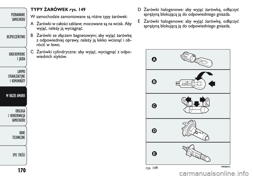 FIAT DOBLO COMBI 2011 Instrukcja obsługi (in Polish) 170
F0V 0027mrys. 149
TYPY ŻARÓWEK rys. 149
W samochodzie zamontowane są ró\bne typy \barówek:
A Żarówki w całości szklane: mocowane są na wcisk. Aby
wyjąć, nale\by ją wyciągnąć.
B Ża FIAT DOBLO COMBI 2011 Instrukcja obsługi (in Polish) 170
F0V 0027mrys. 149
TYPY ŻARÓWEK rys. 149
W samochodzie zamontowane są ró\bne typy \barówek:
A Żarówki w całości szklane: mocowane są na wcisk. Aby
wyjąć, nale\by ją wyciągnąć.
B Ża