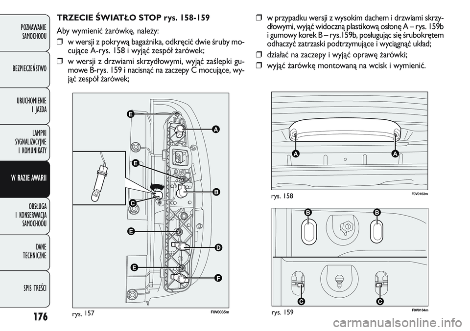 FIAT DOBLO COMBI 2011 Instrukcja obsługi (in Polish) F0V 0164mrys. 159
F 0V 0163mrys. 158
176
POZNAWANIE
SAMOCHODU
BEZPIECZEŃSTWO URUCHOMIENIE I JAZDA
LAMPKI
SYGNALIZACYJNE I KOMUNIKATY
W RAZIE AWARII
OBSŁUGA
I KONSERWACJA SAMOCHODU
DANE
TECHNI FIAT DOBLO COMBI 2011 Instrukcja obsługi (in Polish) F0V 0164mrys. 159
F 0V 0163mrys. 158
176
POZNAWANIE
SAMOCHODU
BEZPIECZEŃSTWO URUCHOMIENIE I JAZDA
LAMPKI
SYGNALIZACYJNE I KOMUNIKATY
W RAZIE AWARII
OBSŁUGA
I KONSERWACJA SAMOCHODU
DANE
TECHNI