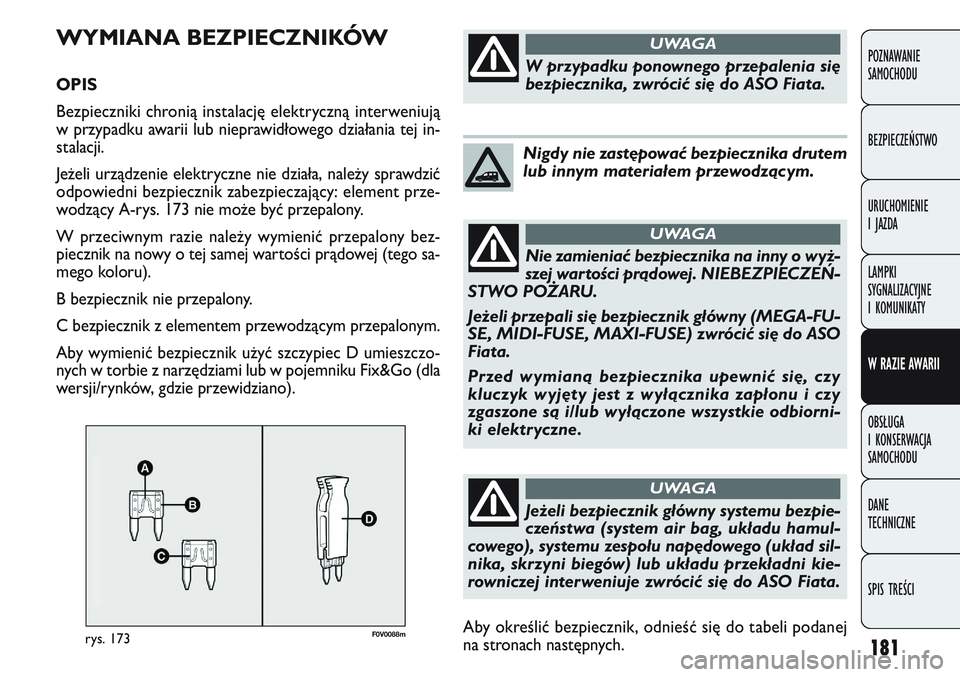 FIAT DOBLO COMBI 2011  Instrukcja obsługi (in Polish) 181
F0V0088mrys. 173
WYMIANA BEZPIECZNIKÓW
OPIS 
Bezpieczniki chronią instalację elektryczną interweniują
w przypadku awarii lub nieprawidłowego działania tej in-
stalacji.
Je\beli urządzenie 