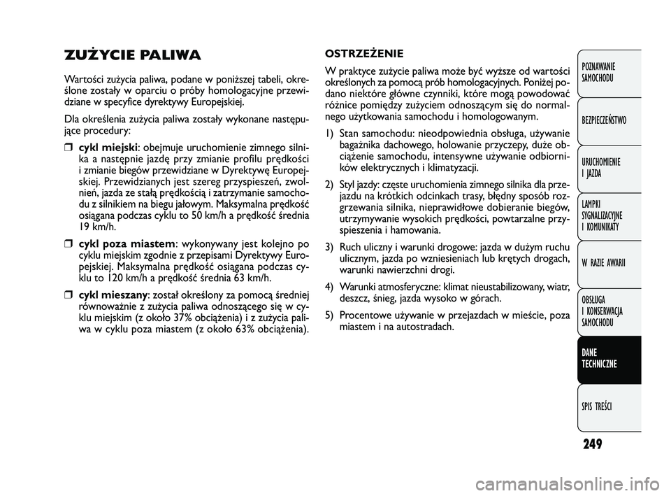 FIAT DOBLO COMBI 2011  Instrukcja obsługi (in Polish) 249
POZNAWANIE 
SAMOCHODU
BEZPIECZEŃSTWO
URUCHOMIENIE 
I JAZDA
LAMPKI 
SYGNALIZACYJNE 
I KOMUNIKATY
W RAZIE AWARII
OBSŁUGA 
I KONSERWACJA 
SAMOCHODU
DANE 
TECHNICZNE
SPIS TREŚCI
ZUŻYCIE PALIWA
War