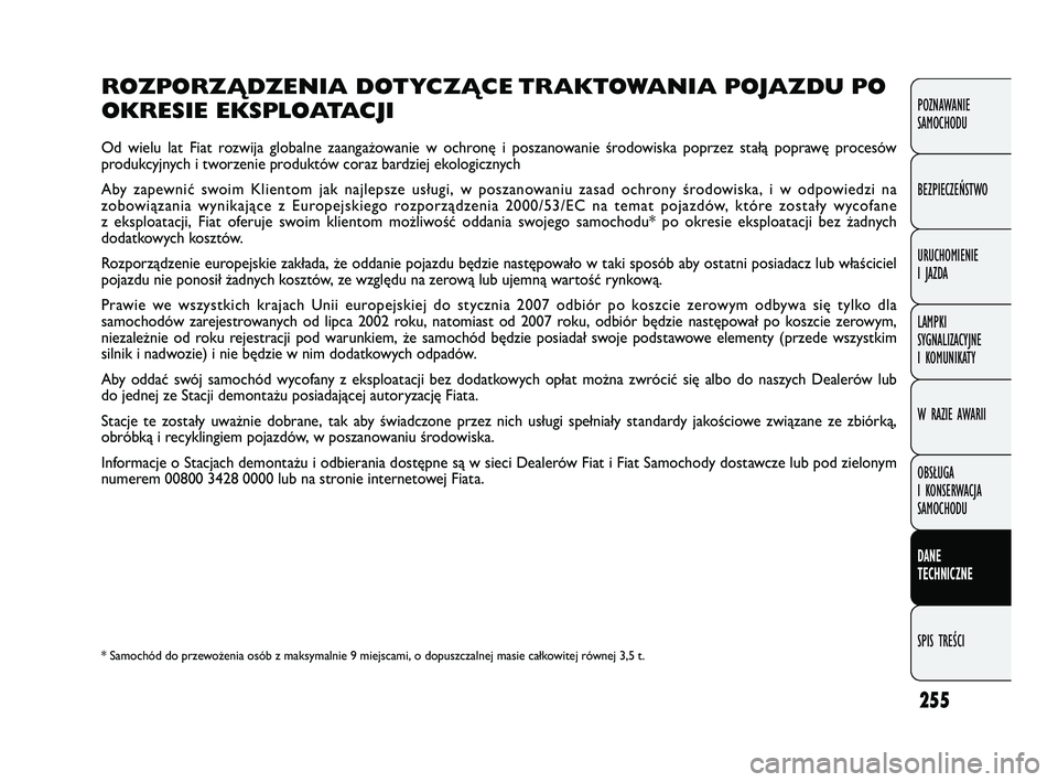 FIAT DOBLO COMBI 2011 Instrukcja obsługi (in Polish) 255
ROZPORZĄDZENIA DOTYCZĄCE TRAKTOWANIA POJAZDU PO
OKRESIE EKSPLOATACJI
Od wielu lat Fiat rozwija globalne zaangażowanie w ochronę i poszanowanie środowiska poprzez stałą poprawę procesów
pr FIAT DOBLO COMBI 2011 Instrukcja obsługi (in Polish) 255
ROZPORZĄDZENIA DOTYCZĄCE TRAKTOWANIA POJAZDU PO
OKRESIE EKSPLOATACJI
Od wielu lat Fiat rozwija globalne zaangażowanie w ochronę i poszanowanie środowiska poprzez stałą poprawę procesów
pr
