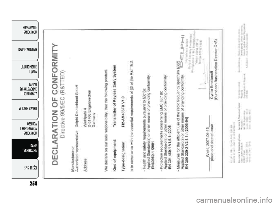 FIAT DOBLO COMBI 2011 Instrukcja obsługi (in Polish) 258
POZNAWANIE SAMOCHODU
BEZPIECZEŃSTWO URUCHOMIENIE I JAZDA
LAMPKI
SYGNALIZACYJNE I KOMUNIKATY
W RAZIE AWARII
OBSŁUGA
I KONSERWACJA SAMOCHODU
DANE
TECHNICZNE
SPIS TREŚCI
219-260 DOBLO LUM PL FIAT DOBLO COMBI 2011 Instrukcja obsługi (in Polish) 258
POZNAWANIE SAMOCHODU
BEZPIECZEŃSTWO URUCHOMIENIE I JAZDA
LAMPKI
SYGNALIZACYJNE I KOMUNIKATY
W RAZIE AWARII
OBSŁUGA
I KONSERWACJA SAMOCHODU
DANE
TECHNICZNE
SPIS TREŚCI
219-260 DOBLO LUM PL
