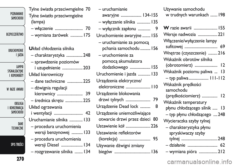 FIAT DOBLO COMBI 2011 Instrukcja obsługi (in Polish) 270
POZNAWANIE SAMOCHODU
BEZPIECZEŃSTWO URUCHOMIENIE I JAZDA
LAMPKI
SYGNALIZACYJNE I KOMUNIKATY
W RAZIE AWARII
OBSŁUGA
I KONSERWACJA SAMOCHODU
DANE
TECHNICZNE
SPIS TREŚCI
Tylne światła prze FIAT DOBLO COMBI 2011 Instrukcja obsługi (in Polish) 270
POZNAWANIE SAMOCHODU
BEZPIECZEŃSTWO URUCHOMIENIE I JAZDA
LAMPKI
SYGNALIZACYJNE I KOMUNIKATY
W RAZIE AWARII
OBSŁUGA
I KONSERWACJA SAMOCHODU
DANE
TECHNICZNE
SPIS TREŚCI
Tylne światła prze