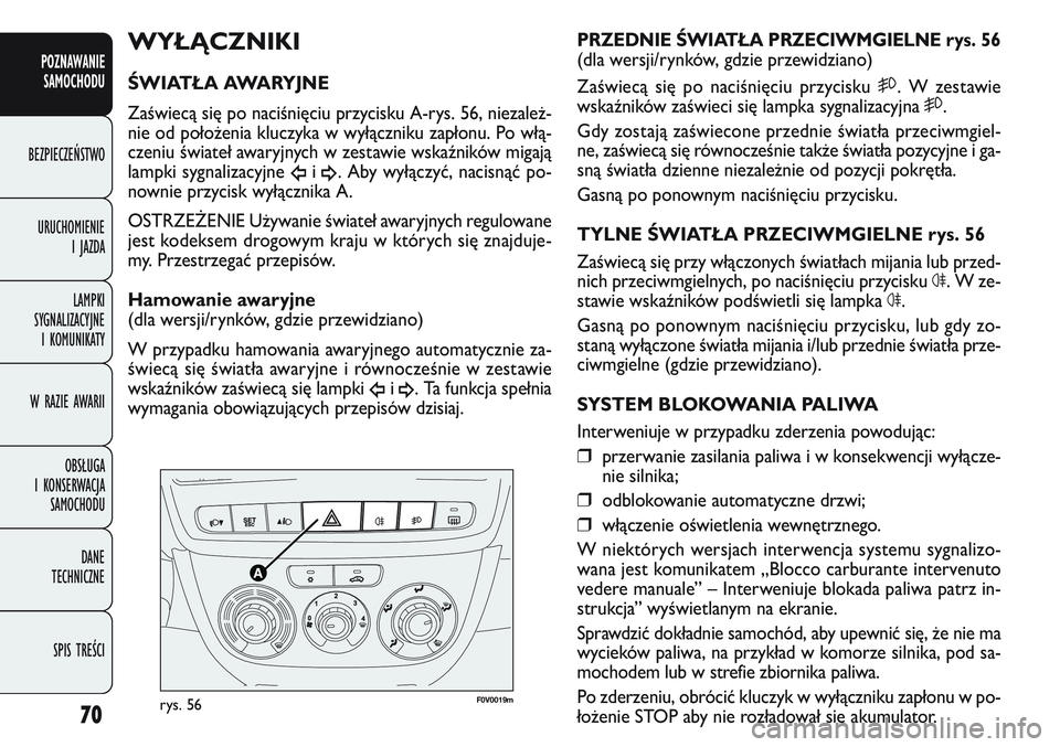 FIAT DOBLO COMBI 2011 Instrukcja obsługi (in Polish) F0V 001 9mrys. 56
PRZEDNIE ŚWIATŁA PRZECIWMGIELNE rys. 56
(dla wersji/rynków, gdzie przewidziano)
Zaświecą się po naciśnięciu przycisku 5. W zestawie
wskaźników zaświeci się lampka sygnal FIAT DOBLO COMBI 2011 Instrukcja obsługi (in Polish) F0V 001 9mrys. 56
PRZEDNIE ŚWIATŁA PRZECIWMGIELNE rys. 56
(dla wersji/rynków, gdzie przewidziano)
Zaświecą się po naciśnięciu przycisku 5. W zestawie
wskaźników zaświeci się lampka sygnal