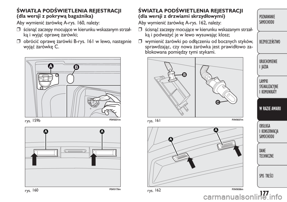 FIAT DOBLO COMBI 2014  Instrukcja obsługi (in Polish) 177
ŚWIATŁA PODŚWIETLENIA REJESTRACJI
(dla wersji z drzwiami skrzydłowymi)
Aby wymienić żarówkę A-rys. 162, należy:
❒ścisnąć zaczepy mocujące w kierunku wskazanym strzał-
ką i podważ