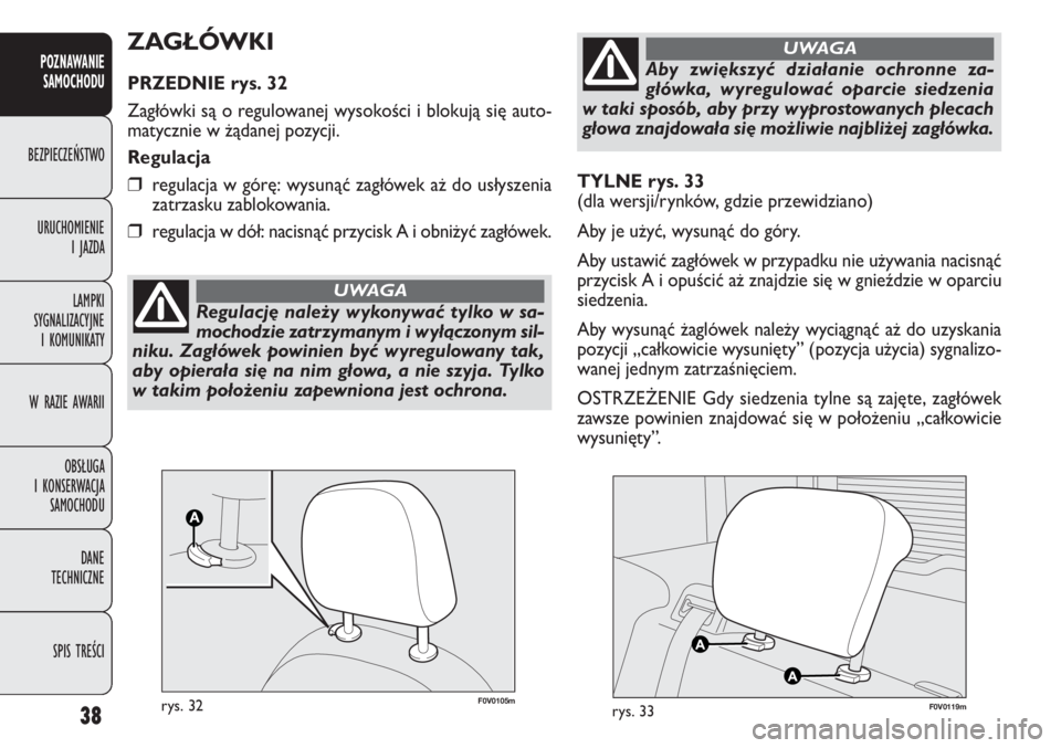 FIAT DOBLO COMBI 2013  Instrukcja obsługi (in Polish) 38
POZNAWANIE 
SAMOCHODU
BEZPIECZEŃSTWO
URUCHOMIENIE 
I JAZDA
LAMPKI 
SYGNALIZACYJNE 
I KOMUNIKATY
W RAZIE AWARII
OBSŁUGA 
I KONSERWACJA 
SAMOCHODU
DANE 
TECHNICZNE
SPIS TREŚCI
TYLNE rys. 33
(dla w