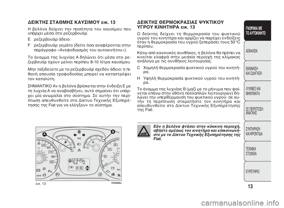 FIAT DOBLO COMBI 2009  ΒΙΒΛΙΟ ΧΡΗΣΗΣ ΚΑΙ ΣΥΝΤΗΡΗΣΗΣ (in Greek) 13
ΓΝΩΡΙΜΙΑ ΜΕ
ΤΟ ΑΥΤΟΚΙΝΗΤΟ
ΑΣΦΑΛΕΙΑ
ΕΚΚΙΝΗΣΗ
ΚΑΙ ΟΔΗΓΗΣΗ
ΛΥΧΝΙΕΣ ΚΑΙ
ΜΗΝΥΜΑΤΑ
ΣΕ ΠΕΡΙΠΤΩΣΗ
ΑΝΑΓΚΗΣ
ΣΥΝΤΗΡΗ�