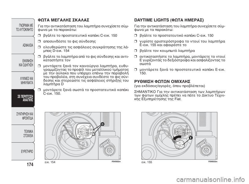 FIAT DOBLO COMBI 2009 ΒΙΒΛΙΟ ΧΡΗΣΗΣ ΚΑΙ ΣΥΝΤΗΡΗΣΗΣ (in Greek) F0V0032mεικ. 154F0V0033mεικ. 155
DAYTIME LIGHTS (ΦΩΤΑ ΗΜΕΡΑΣ)
Για την αντικατάσταση του λαμπτήρα συνεχίσετε σύμ-
φωνα με τα παρα FIAT DOBLO COMBI 2009 ΒΙΒΛΙΟ ΧΡΗΣΗΣ ΚΑΙ ΣΥΝΤΗΡΗΣΗΣ (in Greek) F0V0032mεικ. 154F0V0033mεικ. 155
DAYTIME LIGHTS (ΦΩΤΑ ΗΜΕΡΑΣ)
Για την αντικατάσταση του λαμπτήρα συνεχίσετε σύμ-
φωνα με τα παρα
