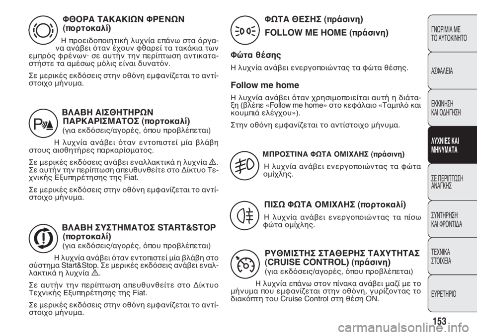 FIAT DOBLO COMBI 2011  ΒΙΒΛΙΟ ΧΡΗΣΗΣ ΚΑΙ ΣΥΝΤΗΡΗΣΗΣ (in Greek) 153
ΓΝΩΡΙΜΙΑ ΜΕ 
ΤΟ ΑΥΤΟΚΙΝΗΤΟ
ΑΣΦΑΛΕΙΑ
ΕΚΚΙΝΗΣΗ 
ΚΑΙ ΟΔΗΓΗΣΗ
ΛΥΧΝΙΕΣ ΚΑΙ 
ΜΗΝΥΜΑΤΑ
ΣΕ ΠΕΡΙΠΤΩΣΗ
ΑΝΑΓΚΗΣ
ΣΥΝΤΗ