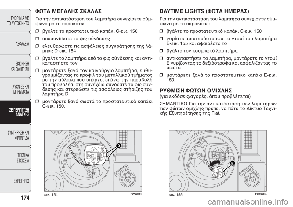 FIAT DOBLO COMBI 2011 ΒΙΒΛΙΟ ΧΡΗΣΗΣ ΚΑΙ ΣΥΝΤΗΡΗΣΗΣ (in Greek) F0V0032mεικ. 154F0V0033mεικ. 155
DAYTIME LIGHTS (ΦΩΤΑ ΗΜΕΡΑΣ)
Για την αντικατάσταση του λαμπτήρα συνεχίσετε σύμ-
φωνα με τα παρα FIAT DOBLO COMBI 2011 ΒΙΒΛΙΟ ΧΡΗΣΗΣ ΚΑΙ ΣΥΝΤΗΡΗΣΗΣ (in Greek) F0V0032mεικ. 154F0V0033mεικ. 155
DAYTIME LIGHTS (ΦΩΤΑ ΗΜΕΡΑΣ)
Για την αντικατάσταση του λαμπτήρα συνεχίσετε σύμ-
φωνα με τα παρα