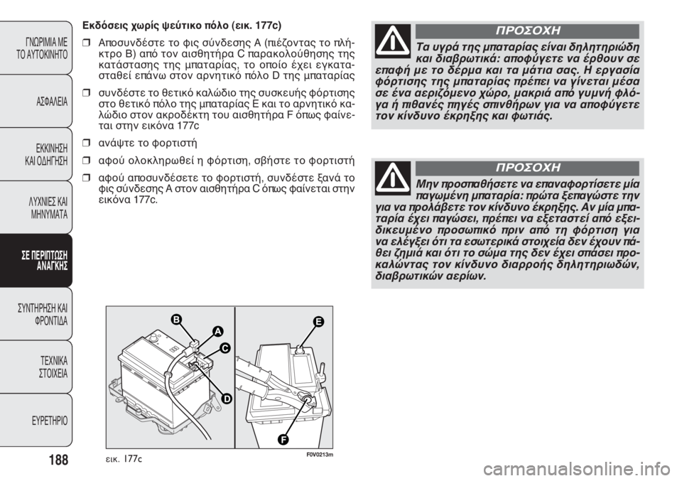 FIAT DOBLO COMBI 2011  ΒΙΒΛΙΟ ΧΡΗΣΗΣ ΚΑΙ ΣΥΝΤΗΡΗΣΗΣ (in Greek) 188
ΓΝΩΡΙΜΙΑ ΜΕ 
ΤΟ ΑΥΤΟΚΙΝΗΤΟ
ΑΣΦΑΛΕΙΑ
ΕΚΚΙΝΗΣΗ 
ΚΑΙ ΟΔΗΓΗΣΗ
ΛΥΧΝΙΕΣ ΚΑΙ 
ΜΗΝΥΜΑΤΑ
ΣΕ ΠΕΡΙΠΤΩΣΗ
ΑΝΑΓΚΗΣ
ΣΥΝΤΗ