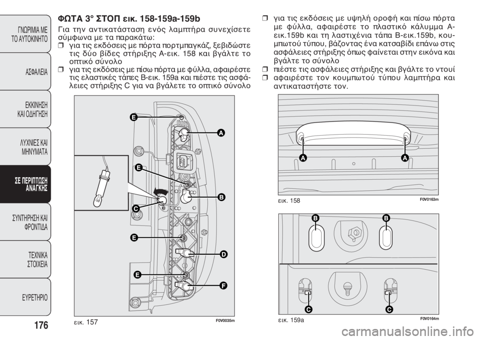 FIAT DOBLO COMBI 2014  ΒΙΒΛΙΟ ΧΡΗΣΗΣ ΚΑΙ ΣΥΝΤΗΡΗΣΗΣ (in Greek) F0V0164mεικ. 159a
F0V0163mεικ. 158
176
ΓΝΩΡΙΜΙΑ ΜΕ 
ΤΟ ΑΥΤΟΚΙΝΗΤΟ
ΑΣΦΑΛΕΙΑ
ΕΚΚΙΝΗΣΗ 
ΚΑΙ ΟΔΗΓΗΣΗ
ΛΥΧΝΙΕΣ ΚΑΙ 
ΜΗΝΥΜΑΤΑ
QD OD