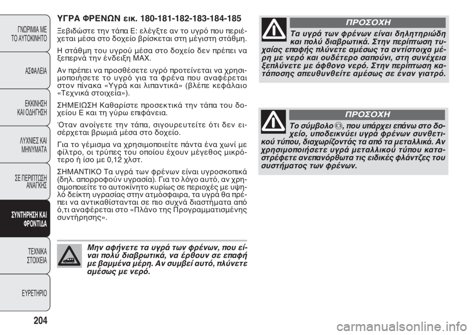 FIAT DOBLO COMBI 2014 ΒΙΒΛΙΟ ΧΡΗΣΗΣ ΚΑΙ ΣΥΝΤΗΡΗΣΗΣ (in Greek) ΥΓΡΑ ΦΡΕΝΩΝ εικ. 180-181-182-183-184-185
Ξεβιδώστε την τάπα E: ελέγξτε αν το υγρό που περιέ-
χεται μέσα στο δοχείο βρίσκετ FIAT DOBLO COMBI 2014 ΒΙΒΛΙΟ ΧΡΗΣΗΣ ΚΑΙ ΣΥΝΤΗΡΗΣΗΣ (in Greek) ΥΓΡΑ ΦΡΕΝΩΝ εικ. 180-181-182-183-184-185
Ξεβιδώστε την τάπα E: ελέγξτε αν το υγρό που περιέ-
χεται μέσα στο δοχείο βρίσκετ