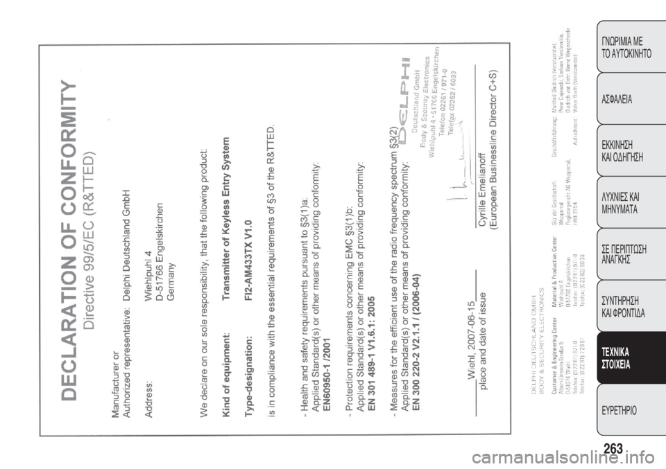 FIAT DOBLO COMBI 2013 ΒΙΒΛΙΟ ΧΡΗΣΗΣ ΚΑΙ ΣΥΝΤΗΡΗΣΗΣ (in Greek) 263
ΓΝΩΡΙΜΙΑ ΜΕ
ΤΟ ΑΥΤΟΚΙΝΗΤΟ
ΑΣΦΑΛΕΙΑ
ΕΚΚΙΝΗΣΗ
ΚΑΙ ΟΔΗΓΗΣΗ
ΛΥΧΝΙΕΣ ΚΑΙ
ΜΗΝΥΜΑΤΑ
ΣΕ ΠΕΡΙΠΤΩΣΗ
ΑΝΑΓΚΗΣ
ΣΥΝΤΗ FIAT DOBLO COMBI 2013 ΒΙΒΛΙΟ ΧΡΗΣΗΣ ΚΑΙ ΣΥΝΤΗΡΗΣΗΣ (in Greek) 263
ΓΝΩΡΙΜΙΑ ΜΕ
ΤΟ ΑΥΤΟΚΙΝΗΤΟ
ΑΣΦΑΛΕΙΑ
ΕΚΚΙΝΗΣΗ
ΚΑΙ ΟΔΗΓΗΣΗ
ΛΥΧΝΙΕΣ ΚΑΙ
ΜΗΝΥΜΑΤΑ
ΣΕ ΠΕΡΙΠΤΩΣΗ
ΑΝΑΓΚΗΣ
ΣΥΝΤΗ