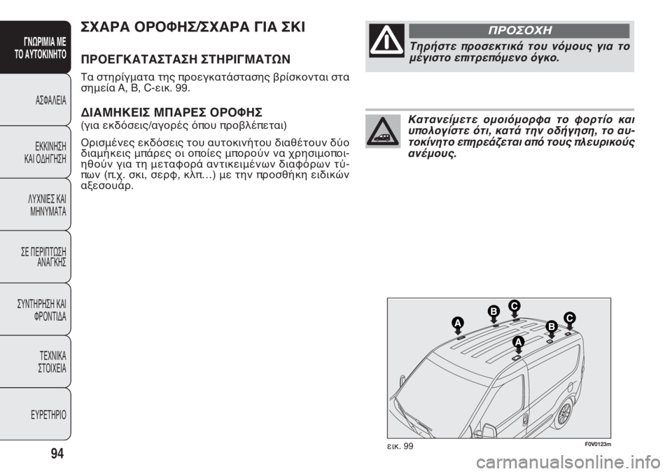 FIAT DOBLO COMBI 2014  ΒΙΒΛΙΟ ΧΡΗΣΗΣ ΚΑΙ ΣΥΝΤΗΡΗΣΗΣ (in Greek) F0V0123m^bc. 99
ΣΧΑΡΑ ΟΡΟΦΗΣ/ΣΧΑΡΑ ΓΙΑ ΣΚΙ
ΠΡΟΕΓΚΑΤΑΣΤΑΣΗ ΣΤΗΡΙΓΜΑΤΩΝ
RZ kl`iK\eZlZ l`j �
